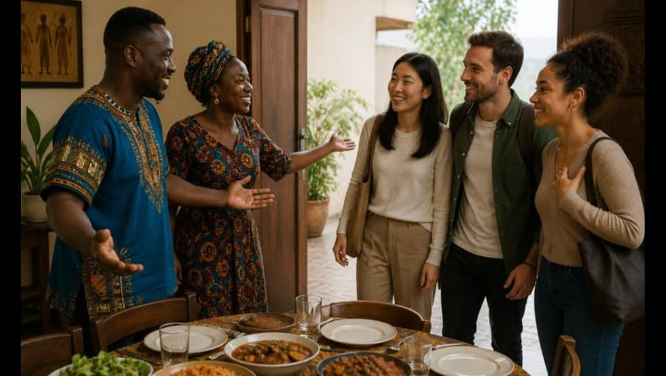 Famille ivoirienne accueillant chaleureusement des invités de différentes origines